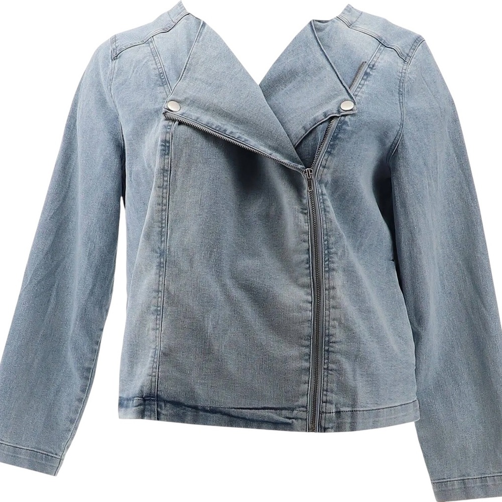 DG2 by Diane Gilman Collarless Stretch Denim Moto Jacket Collarless Size M